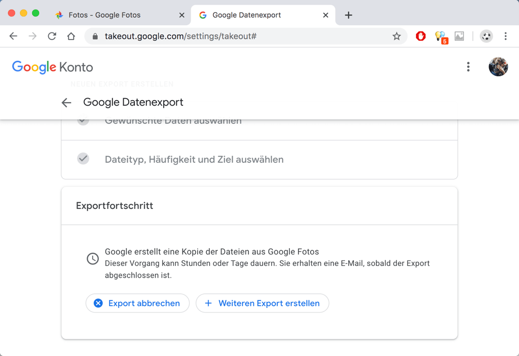 Google Fotos Datenexport Fortschritt