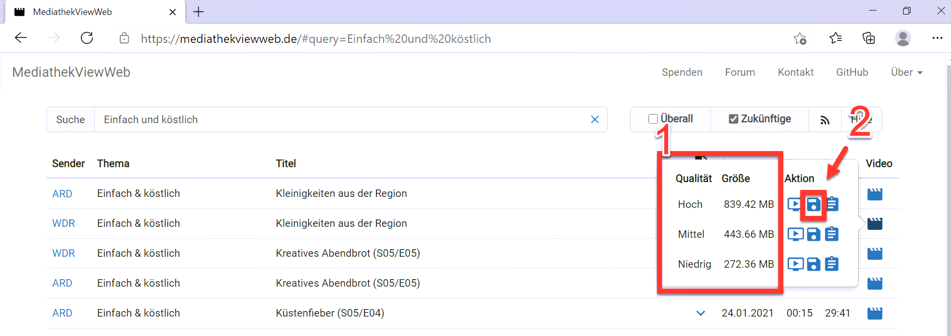 auf MediathekViewWeb erwünschte Sendungen downloaden