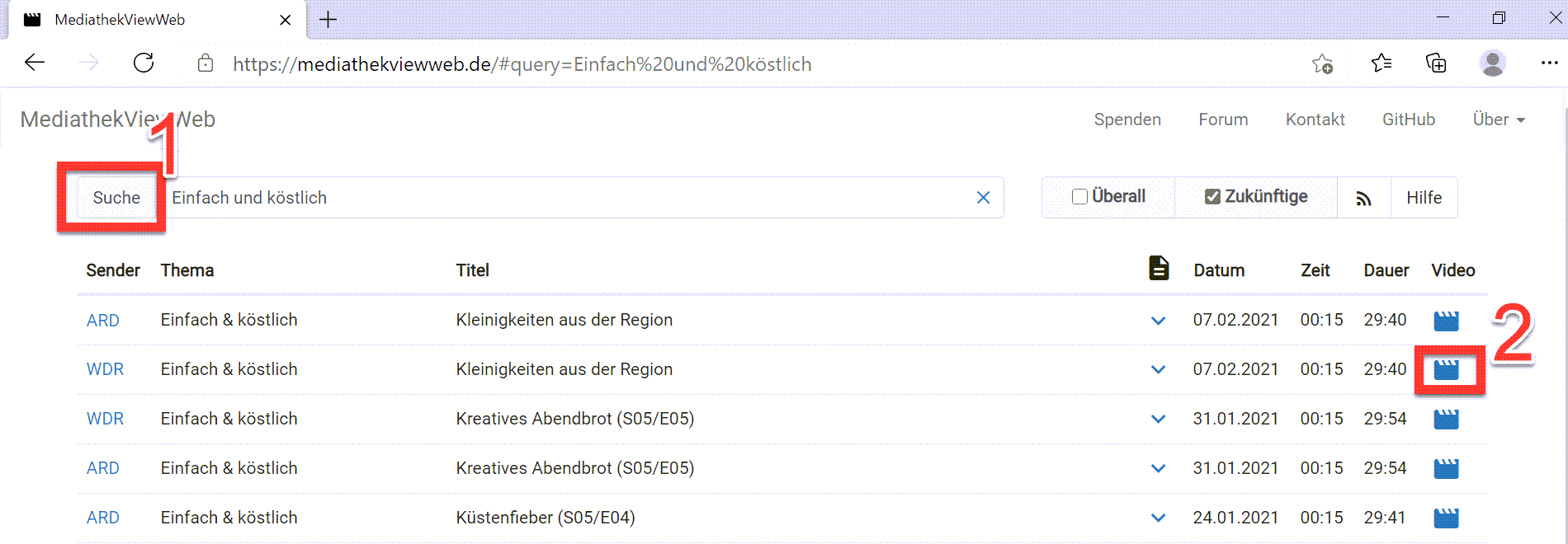 Auf MediathekViewWeb erwünschte Sendungen suchen