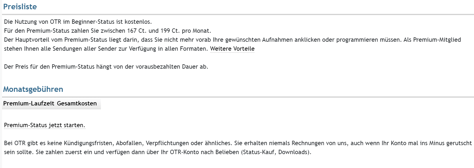 Preisliste von Online TV Recorder