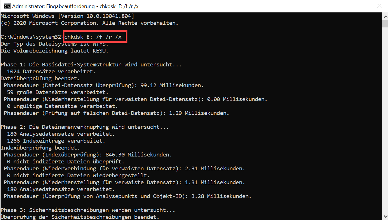 chkdsk Befehl ausführen
