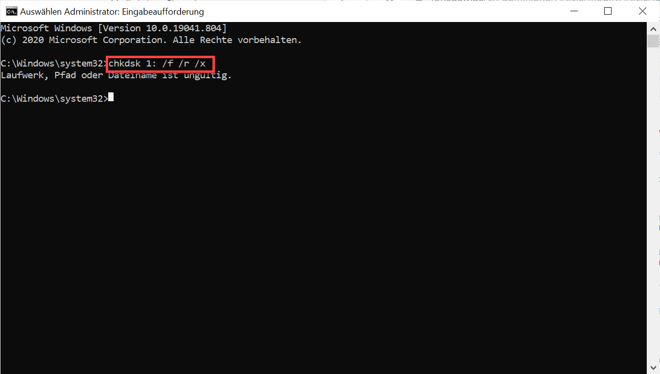 chkdsk c: /f /r Befehl