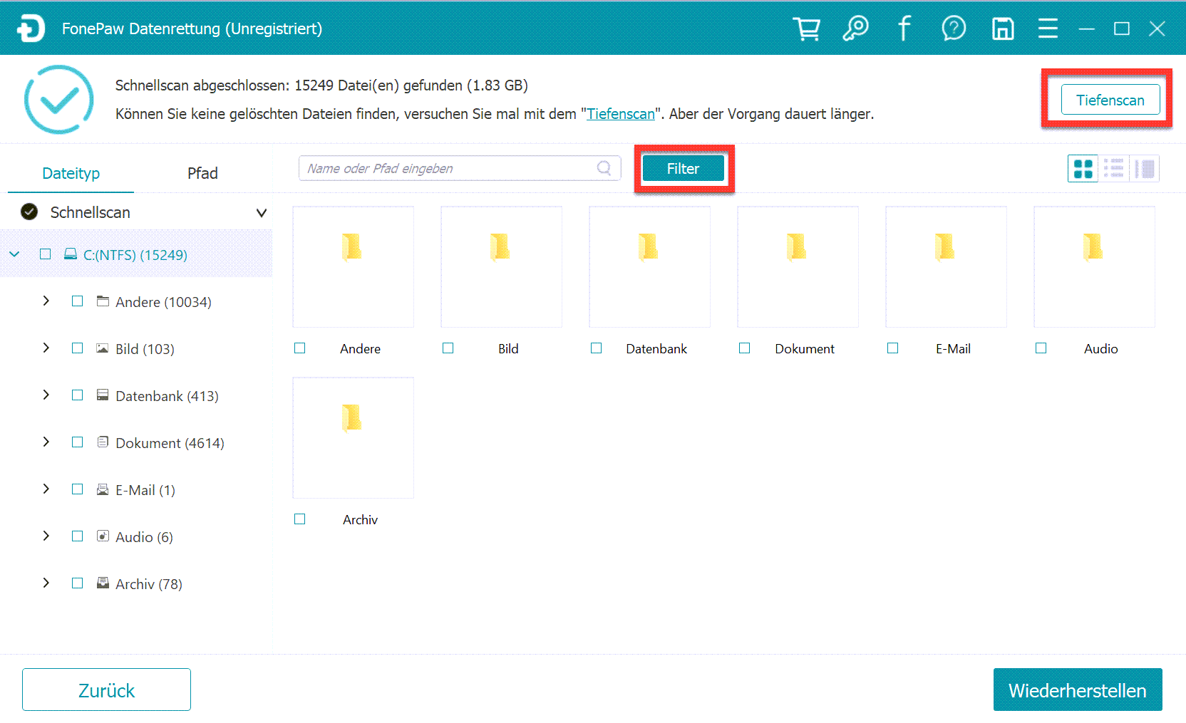 Tiefscan oder Filter auswählen