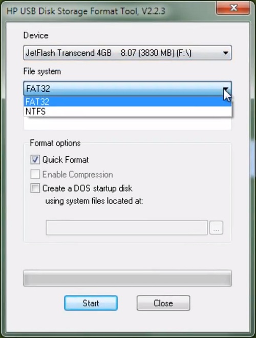 HP USB Disk Storage Format Tool Dateisystem auswählen