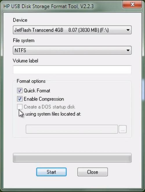 HP USB Disk Storage Format Tool Format Optionen