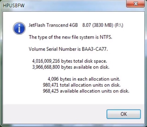 HP USB Disk Storage Format Tool Formatierung abgeschlossen