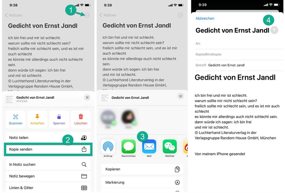 iPhone Notiz per Mail als Kopie senden