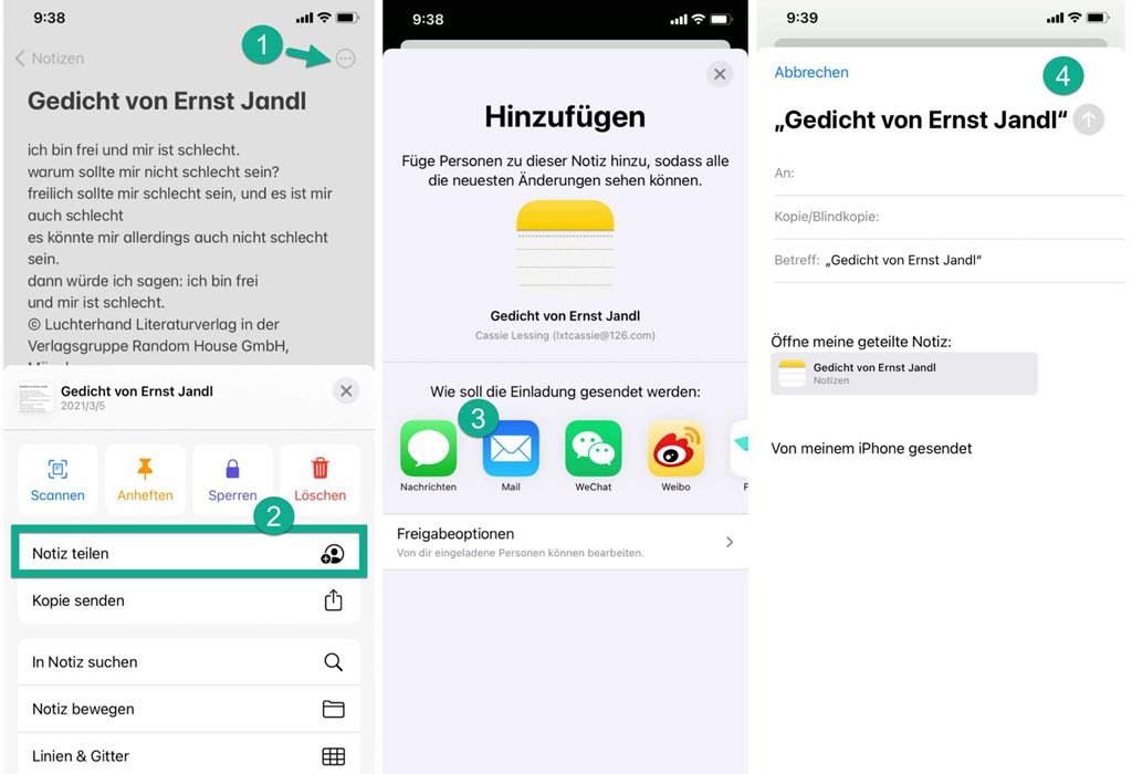 iPhone Notiz per Mail teilen