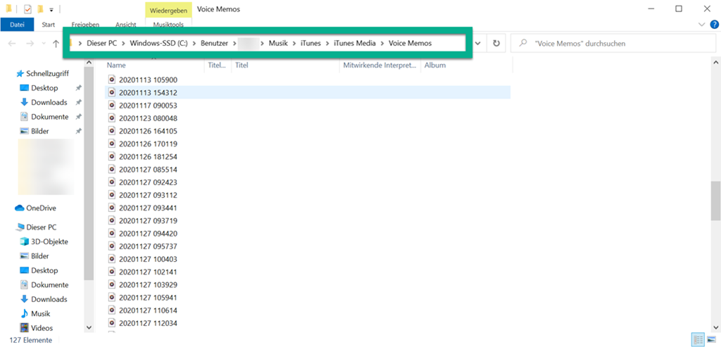 Sprachmemos werden im Windows Explorer angezeigt