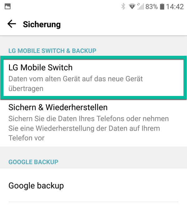 LG Mobile Switch in Einstellungen