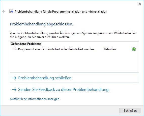 Deinstallation-Problembehandlung abgeschlossen