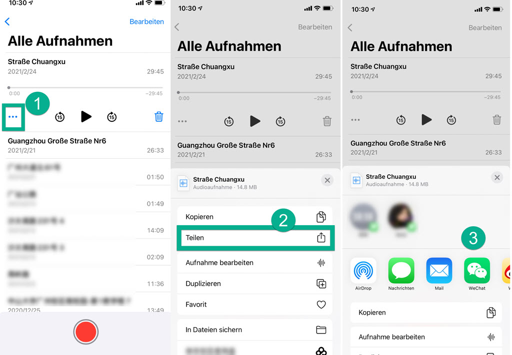 Sprachmemo an andere Apps teilen