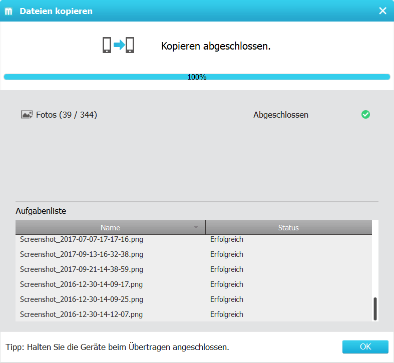 Übertragung der Fotos abgeschlossen