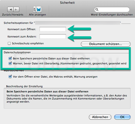 Word 2011 Dokument mit Passwort schützen auf Mac