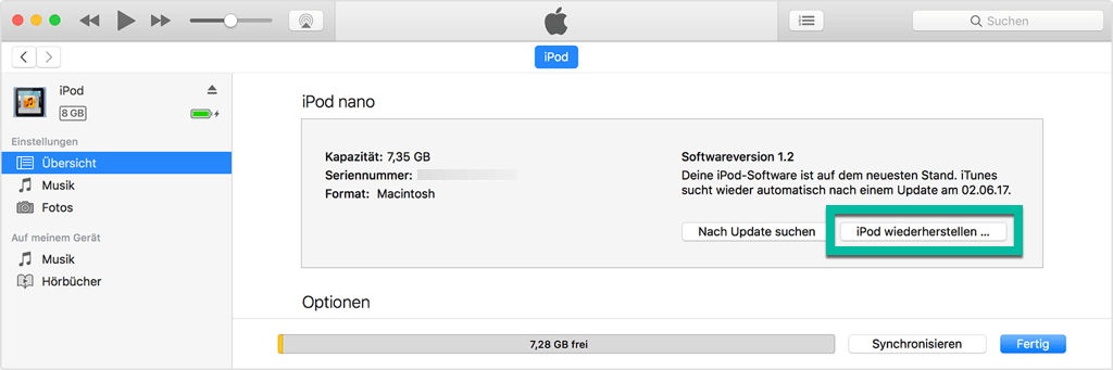 iPod OS wiederherstellen mit iTunes