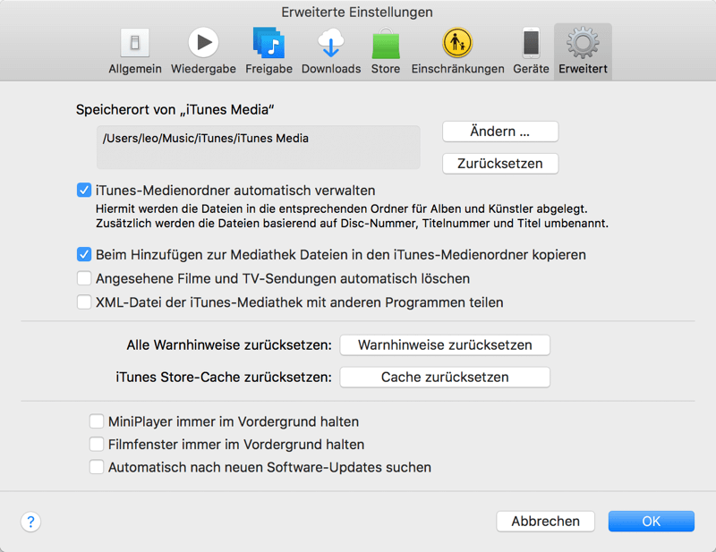 iTunes Erweiterte Einstellungen