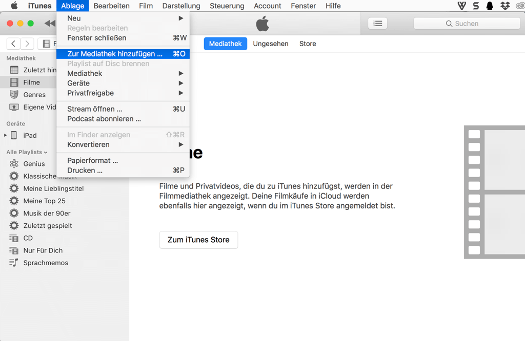Mac Videos zur iTunes Mediathek hinzufügen