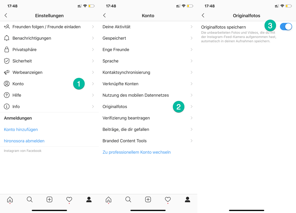 Instagram Originalfotos speichern aktivieren