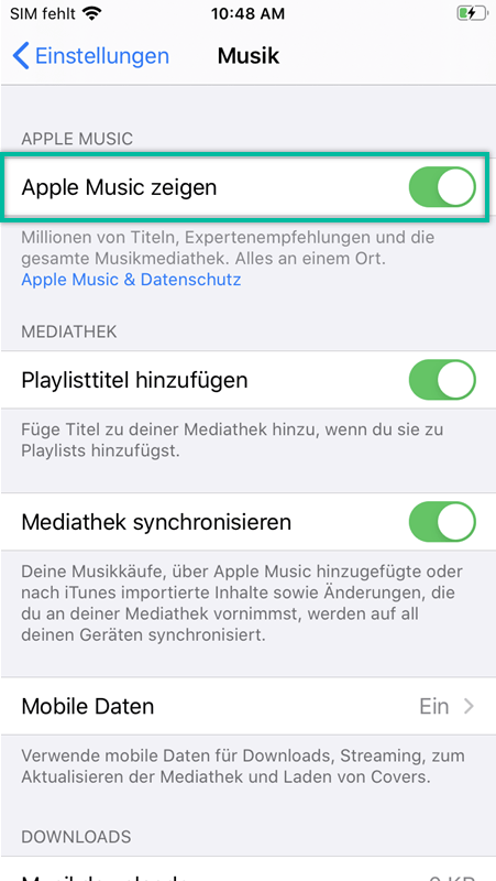 Apple Music zeigen deaktivieren und aktivieren