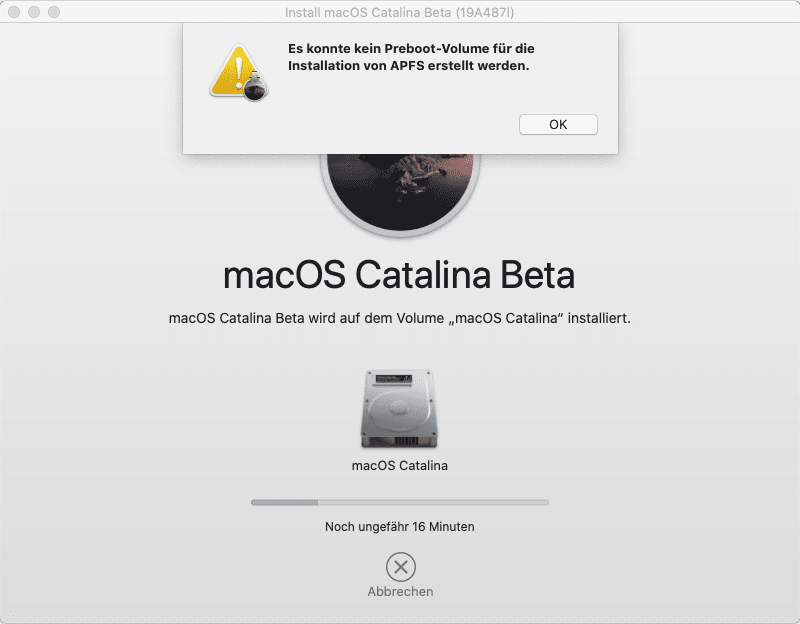 Es konnte kein Preboot-Volume für die Installation von APFS erstellt werden