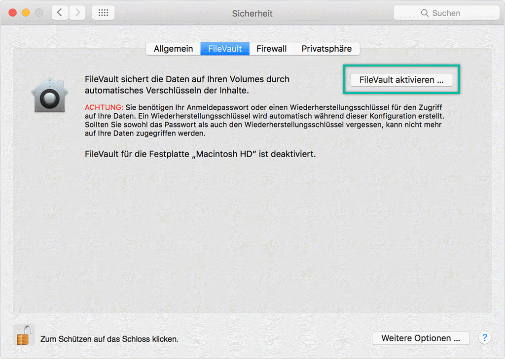 FileVault aktivieren Mac