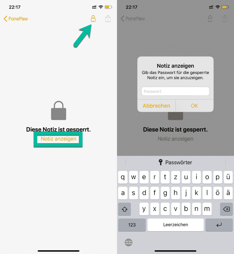iPhone Notizen Sperre entfernen