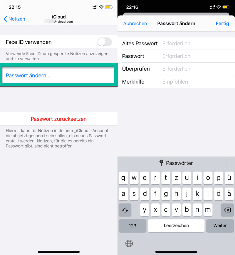 iPhone Notizen Passwort ändern