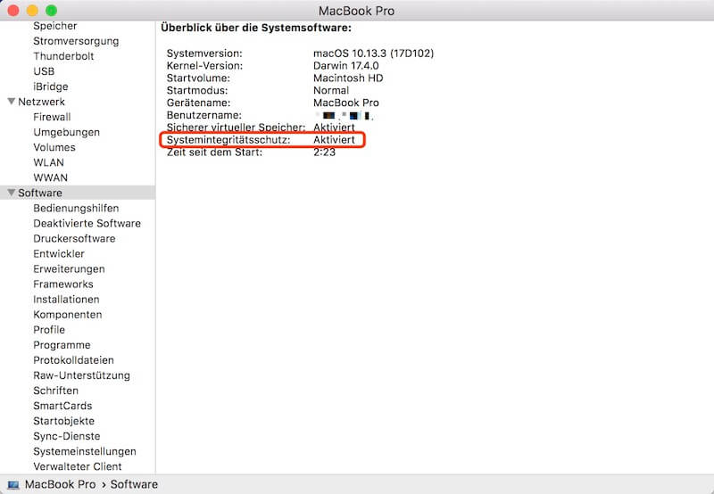SIP auf Mac überprüfen durch Systeminformationen