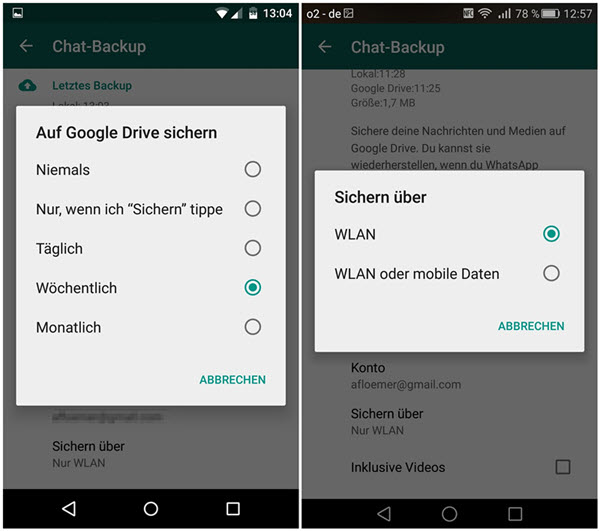 Einstellungen für Backup der WhatsApp-Daten auf Google Drive