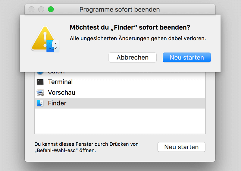 Finder sofort beenden neu starten