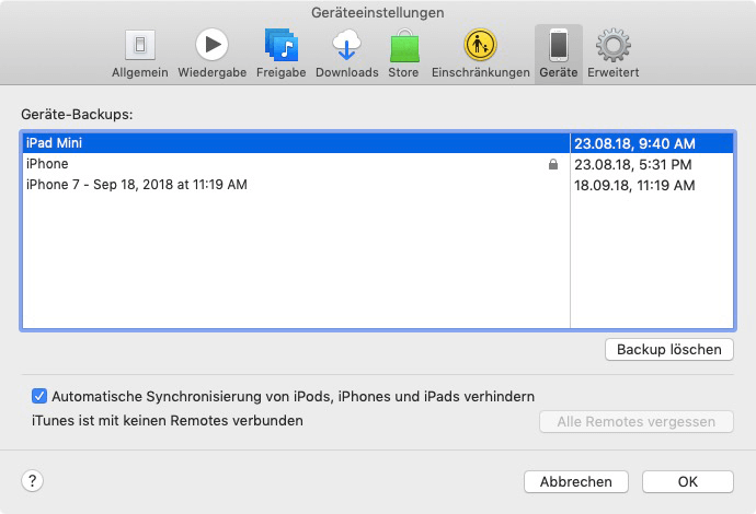 iTunes Backup löschen