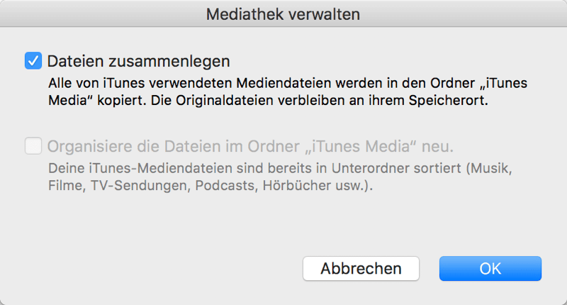 iTunes Mediathek verwalten Dateien zusammenlegen