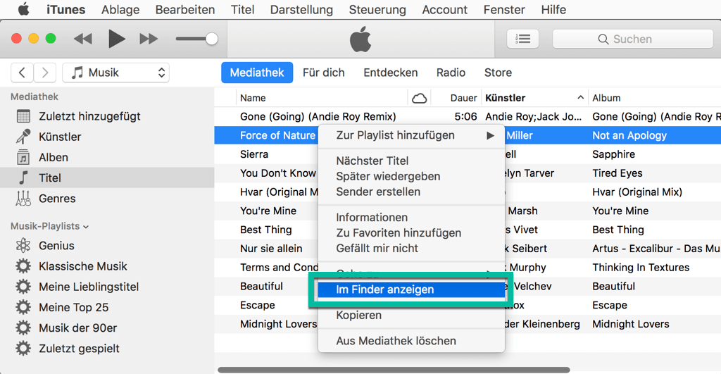 iTunes Musiktitel im Finder anzeigen