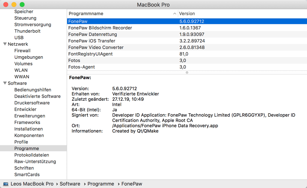 Programme in Systembericht überprüfen