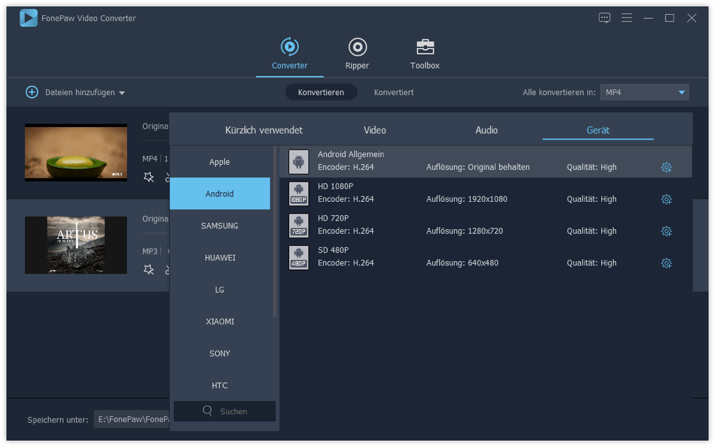 Ausgabeformat für Android auswählen